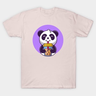 Cute Panda Drinking Boba Milk Tea Cartoon T-Shirt